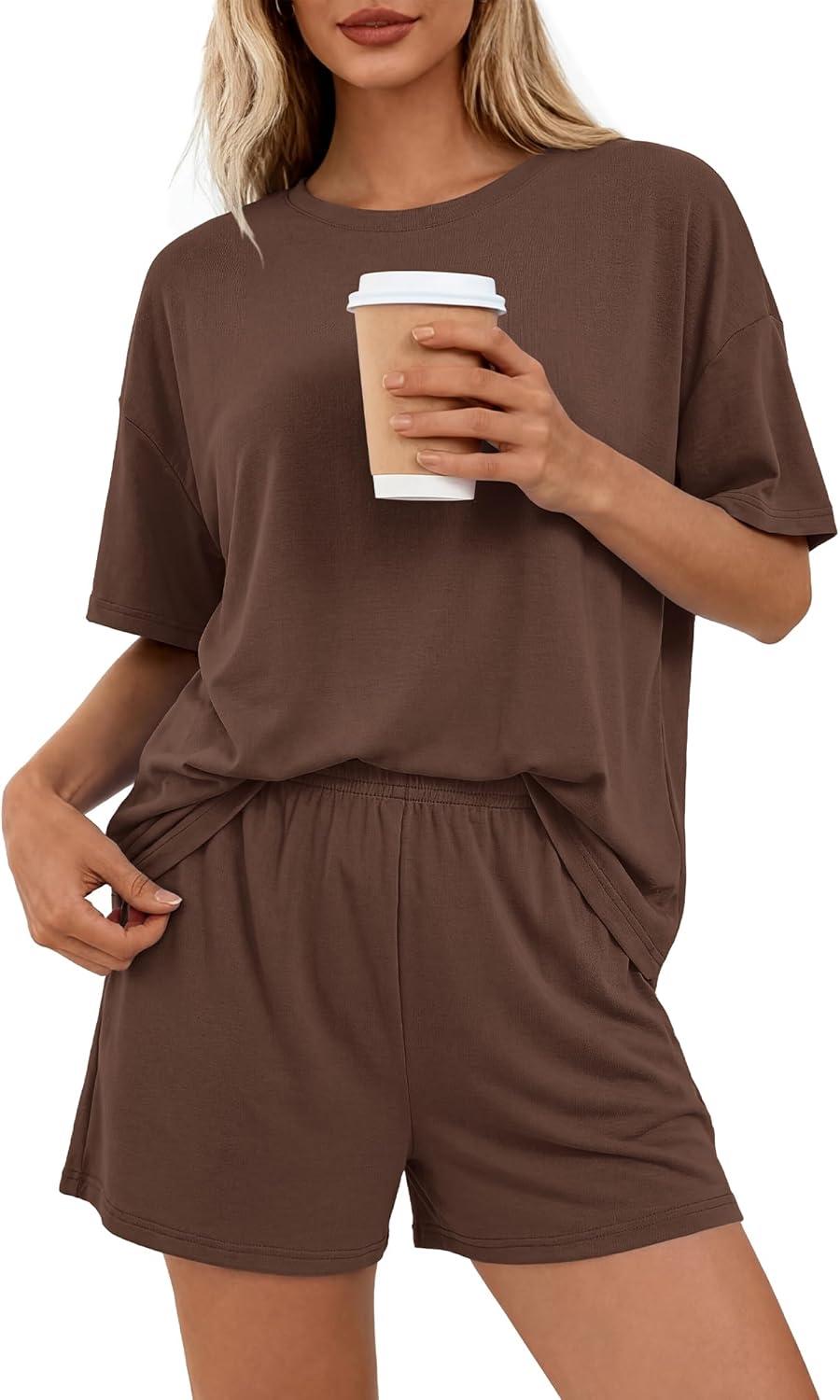 imageBTFBM Two Piece Sets For Women Summer Outfits Short Sleeve Tops Lounge Shorts Sets Oversized Matching Sets Pockets 2026Brown