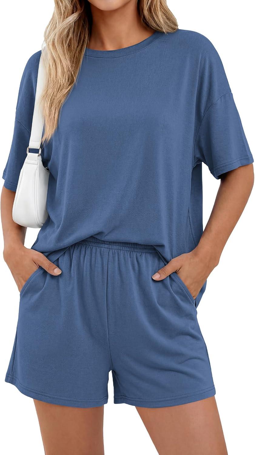 imageBTFBM Two Piece Sets For Women Summer Outfits Short Sleeve Tops Lounge Shorts Sets Oversized Matching Sets Pockets 2026Grey Blue