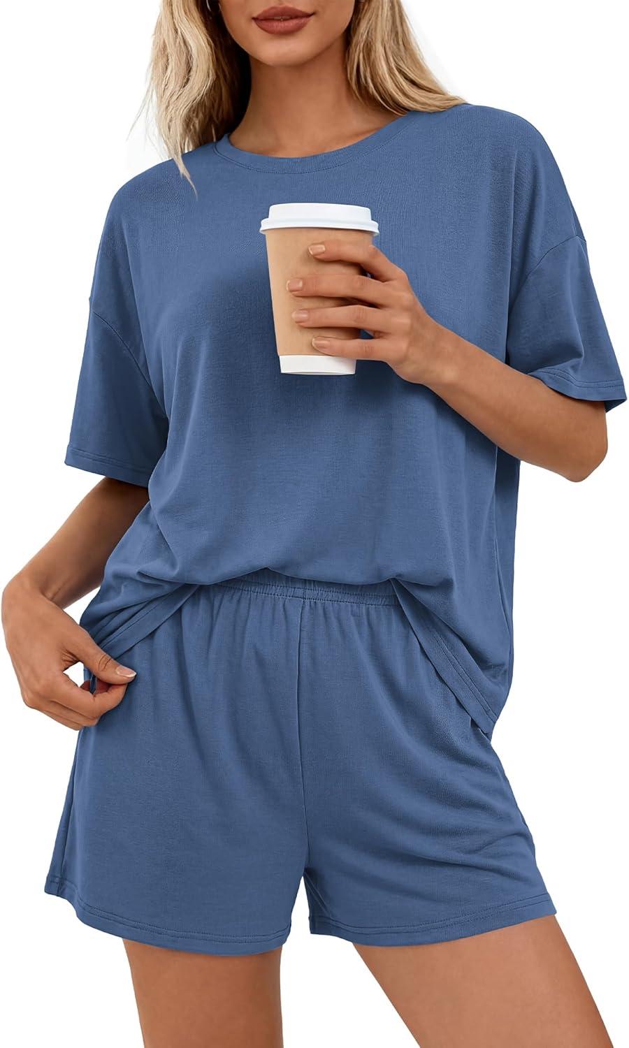 imageBTFBM Two Piece Sets For Women Summer Outfits Short Sleeve Tops Lounge Shorts Sets Oversized Matching Sets Pockets 2026Grey Blue