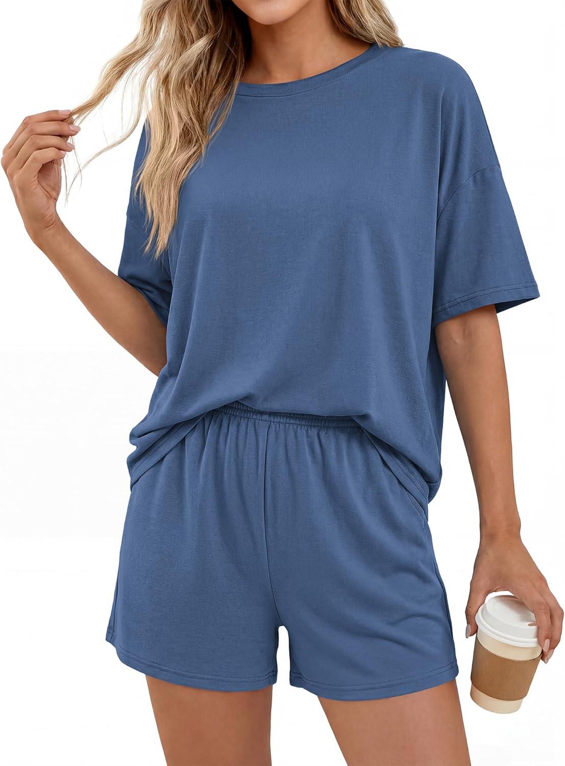 imageBTFBM Two Piece Sets For Women Summer Outfits Short Sleeve Tops Lounge Shorts Sets Oversized Matching Sets Pockets 2026Grey Blue