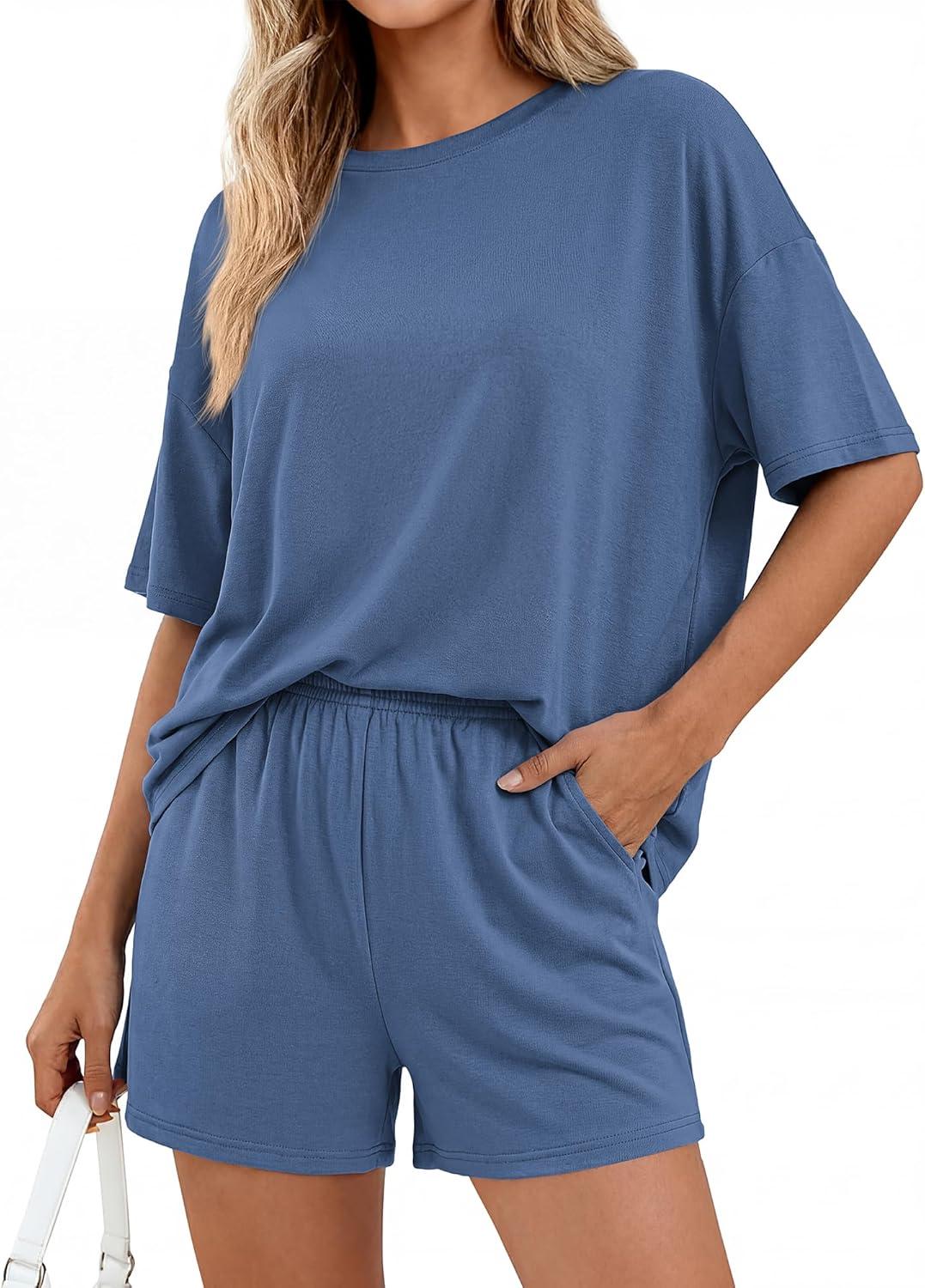 imageBTFBM Two Piece Sets For Women Summer Outfits Short Sleeve Tops Lounge Shorts Sets Oversized Matching Sets Pockets 2026Grey Blue