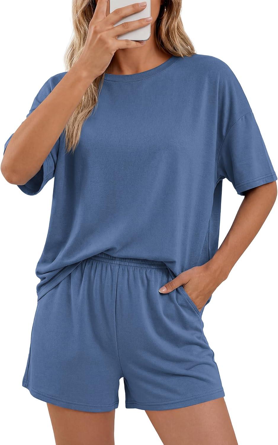 imageBTFBM Two Piece Sets For Women Summer Outfits Short Sleeve Tops Lounge Shorts Sets Oversized Matching Sets Pockets 2026Grey Blue