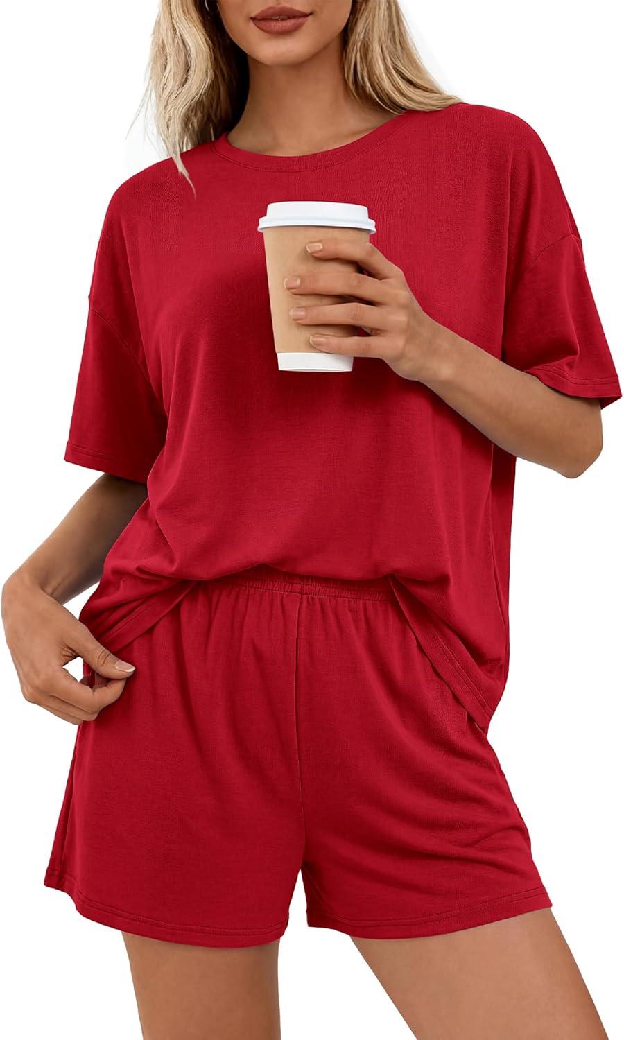 imageBTFBM Two Piece Sets For Women Summer Outfits Short Sleeve Tops Lounge Shorts Sets Oversized Matching Sets Pockets 2026Red