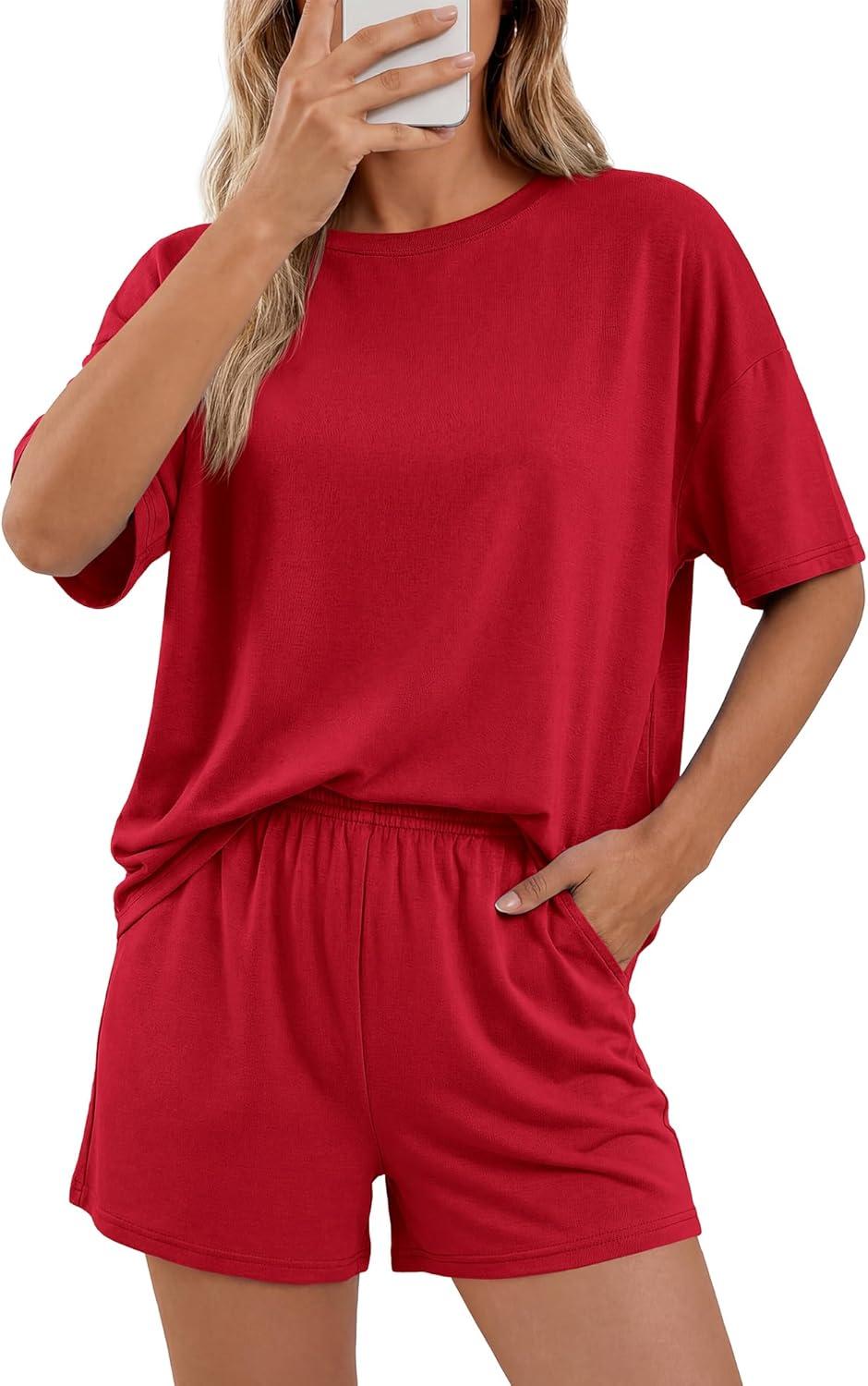 imageBTFBM Two Piece Sets For Women Summer Outfits Short Sleeve Tops Lounge Shorts Sets Oversized Matching Sets Pockets 2026Red
