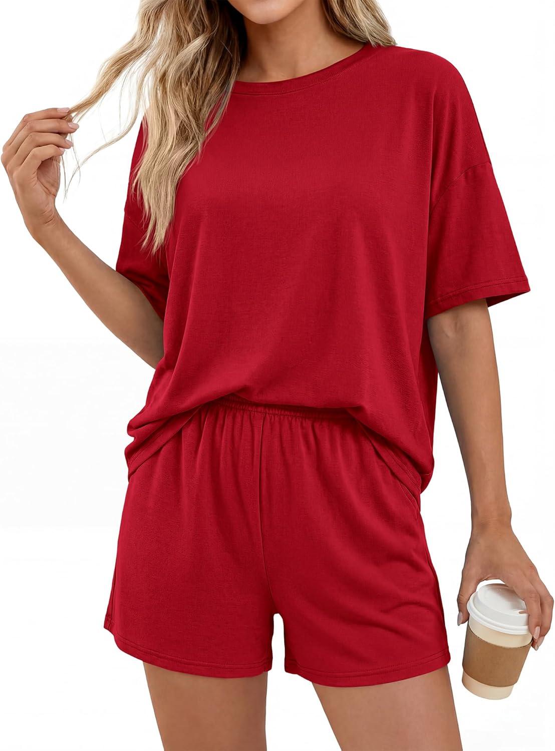 imageBTFBM Two Piece Sets For Women Summer Outfits Short Sleeve Tops Lounge Shorts Sets Oversized Matching Sets Pockets 2026Red