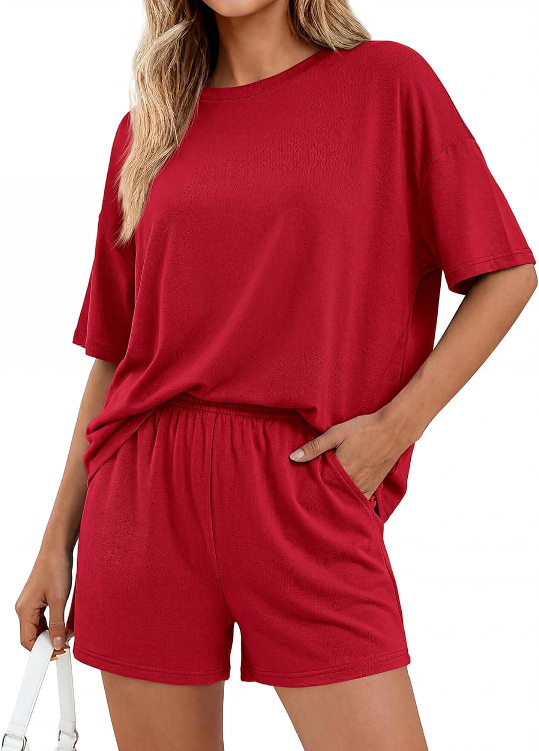 imageBTFBM Two Piece Sets For Women Summer Outfits Short Sleeve Tops Lounge Shorts Sets Oversized Matching Sets Pockets 2026Red