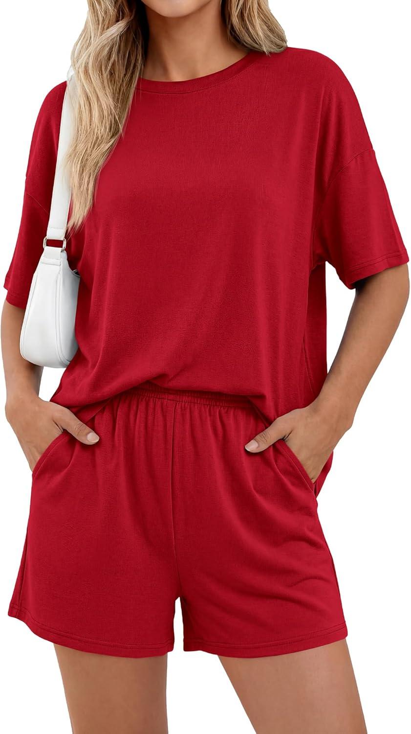 imageBTFBM Two Piece Sets For Women Summer Outfits Short Sleeve Tops Lounge Shorts Sets Oversized Matching Sets Pockets 2026Red