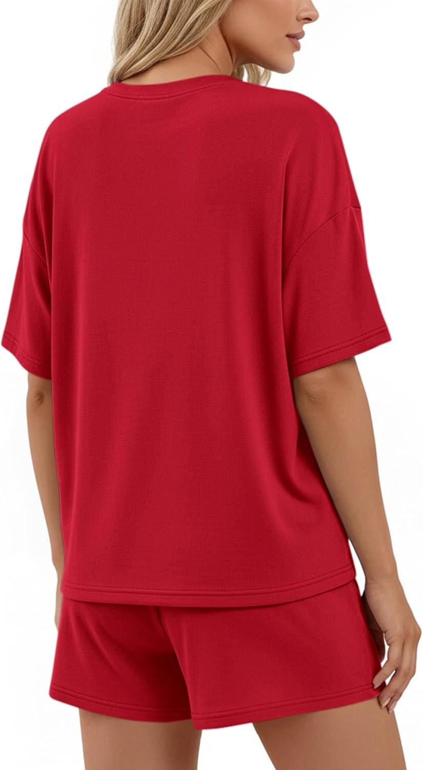 imageBTFBM Two Piece Sets For Women Summer Outfits Short Sleeve Tops Lounge Shorts Sets Oversized Matching Sets Pockets 2026Red