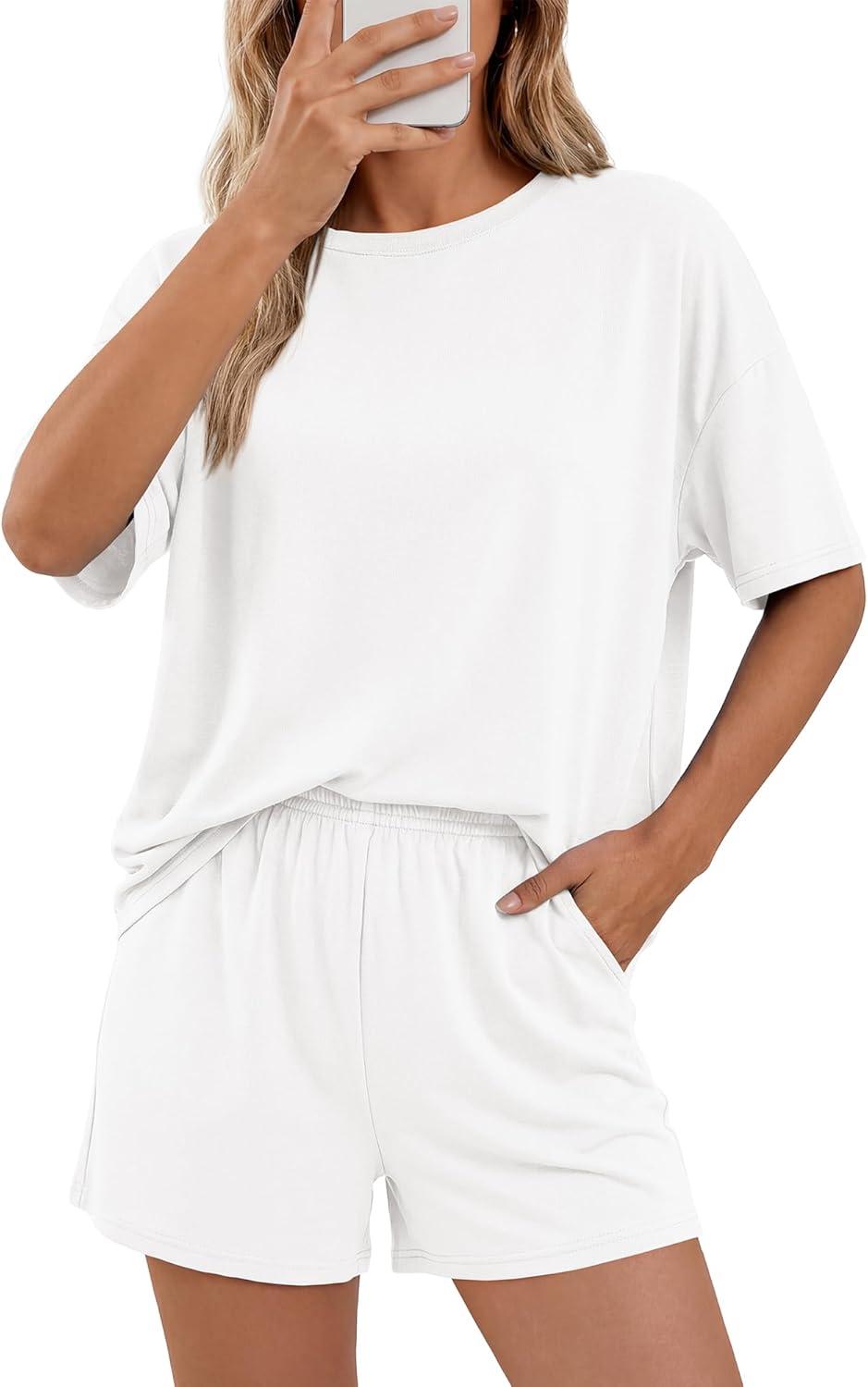 imageBTFBM Two Piece Sets For Women Summer Outfits Short Sleeve Tops Lounge Shorts Sets Oversized Matching Sets Pockets 2026White