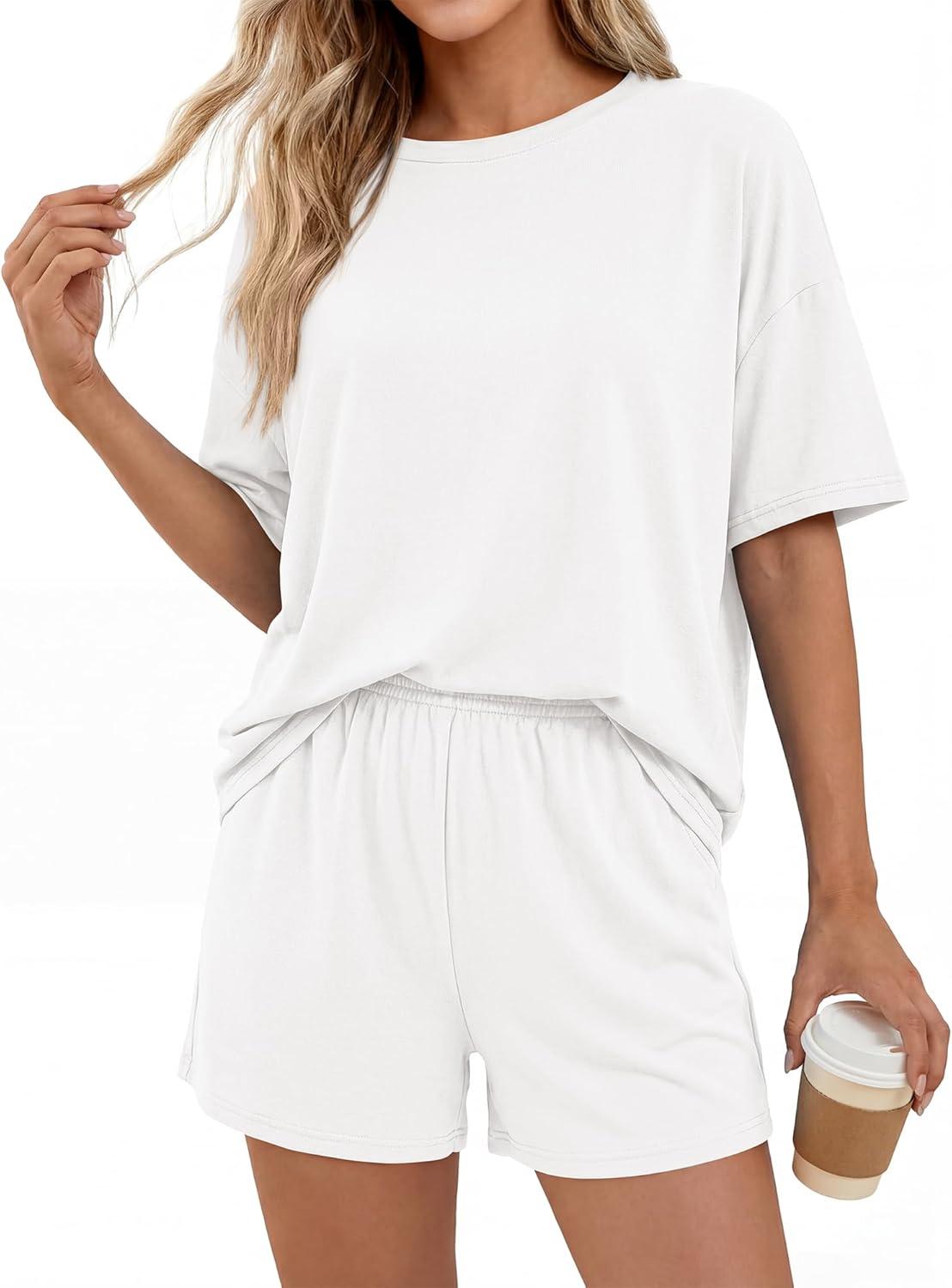 imageBTFBM Two Piece Sets For Women Summer Outfits Short Sleeve Tops Lounge Shorts Sets Oversized Matching Sets Pockets 2026White