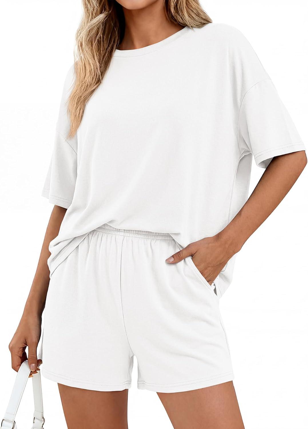 imageBTFBM Two Piece Sets For Women Summer Outfits Short Sleeve Tops Lounge Shorts Sets Oversized Matching Sets Pockets 2026White