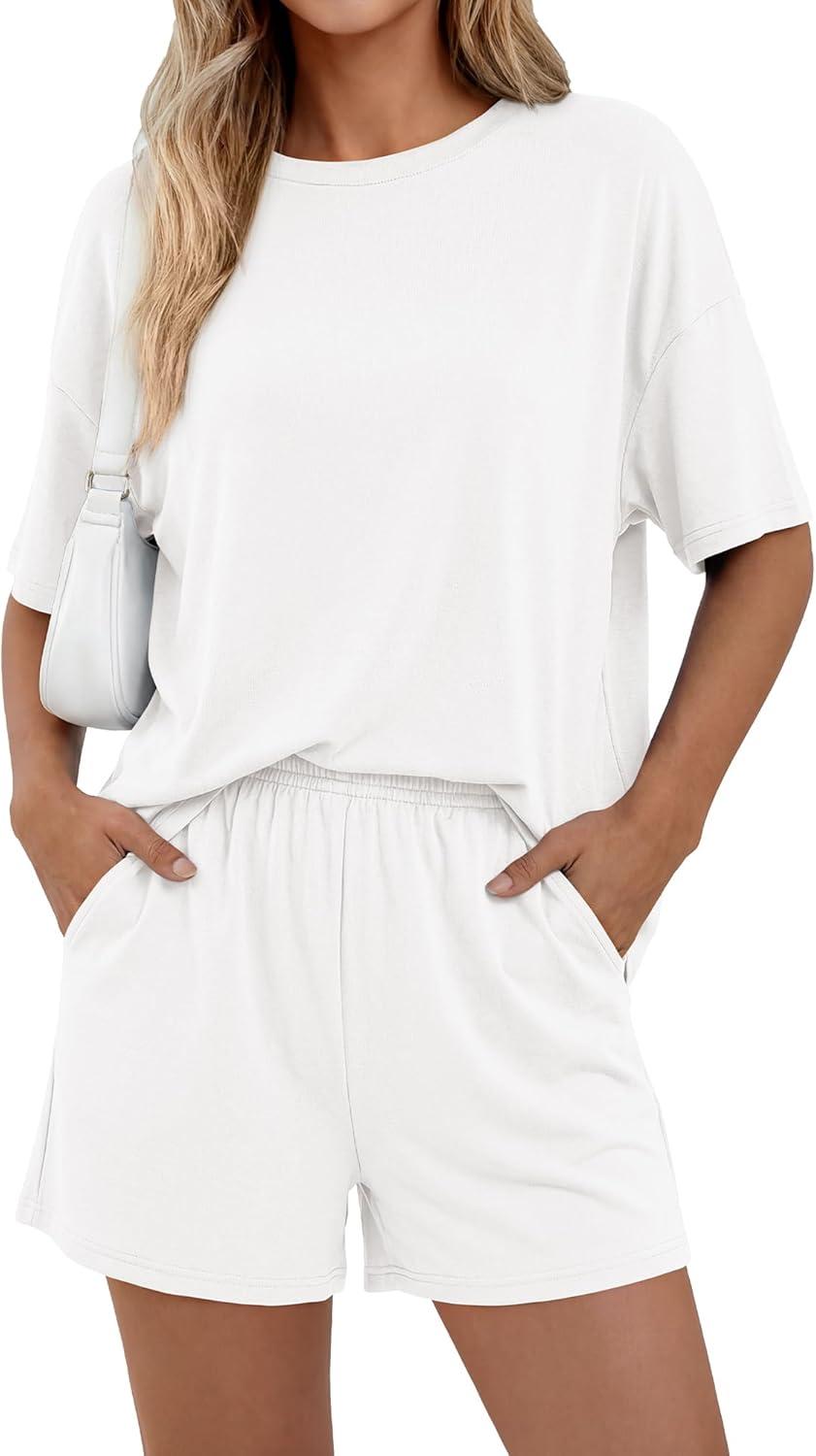 imageBTFBM Two Piece Sets For Women Summer Outfits Short Sleeve Tops Lounge Shorts Sets Oversized Matching Sets Pockets 2026White
