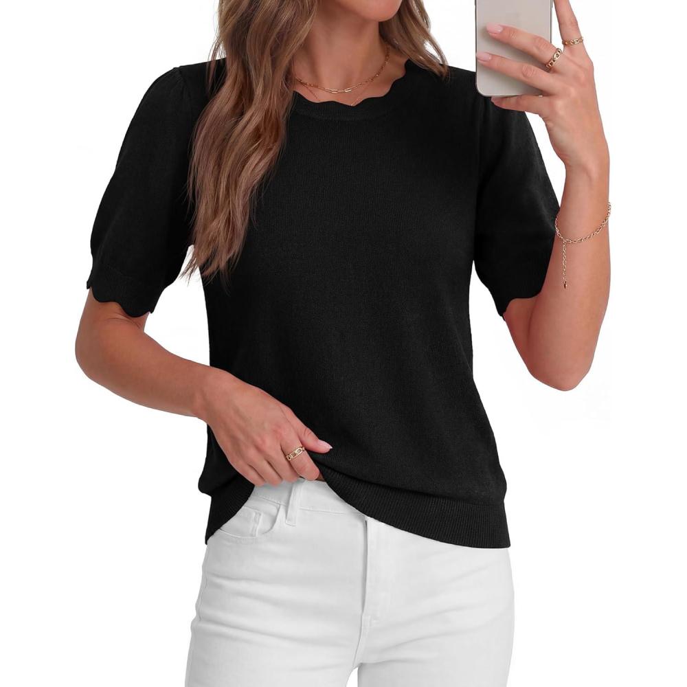 imageBTFBM Short Sleeve Sweater for Women 2026 Spring Summer Knit Basic Tops Lightweight Business Casual Vacation OutfitsBlack