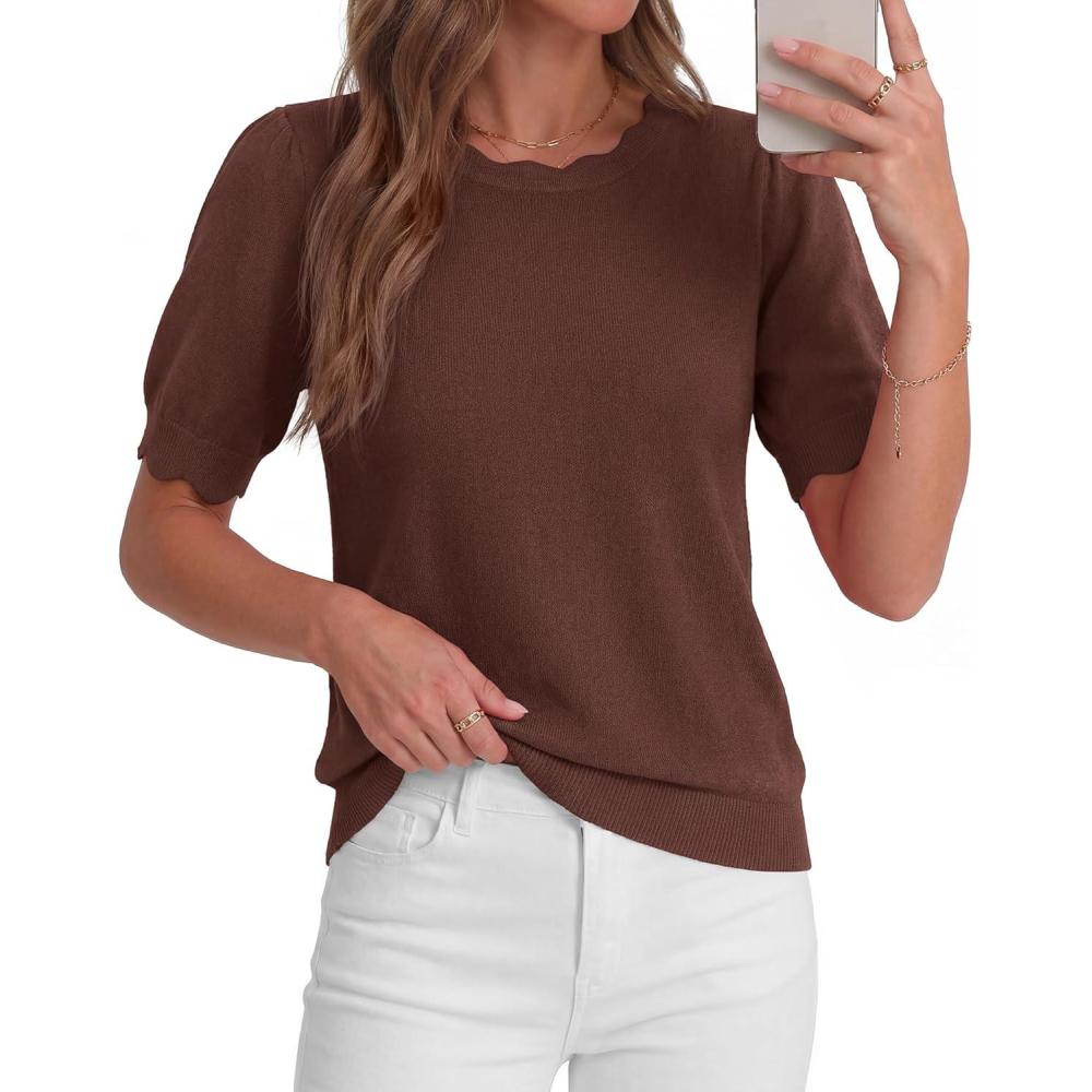 imageBTFBM Short Sleeve Sweater for Women 2026 Spring Summer Knit Basic Tops Lightweight Business Casual Vacation OutfitsBrown