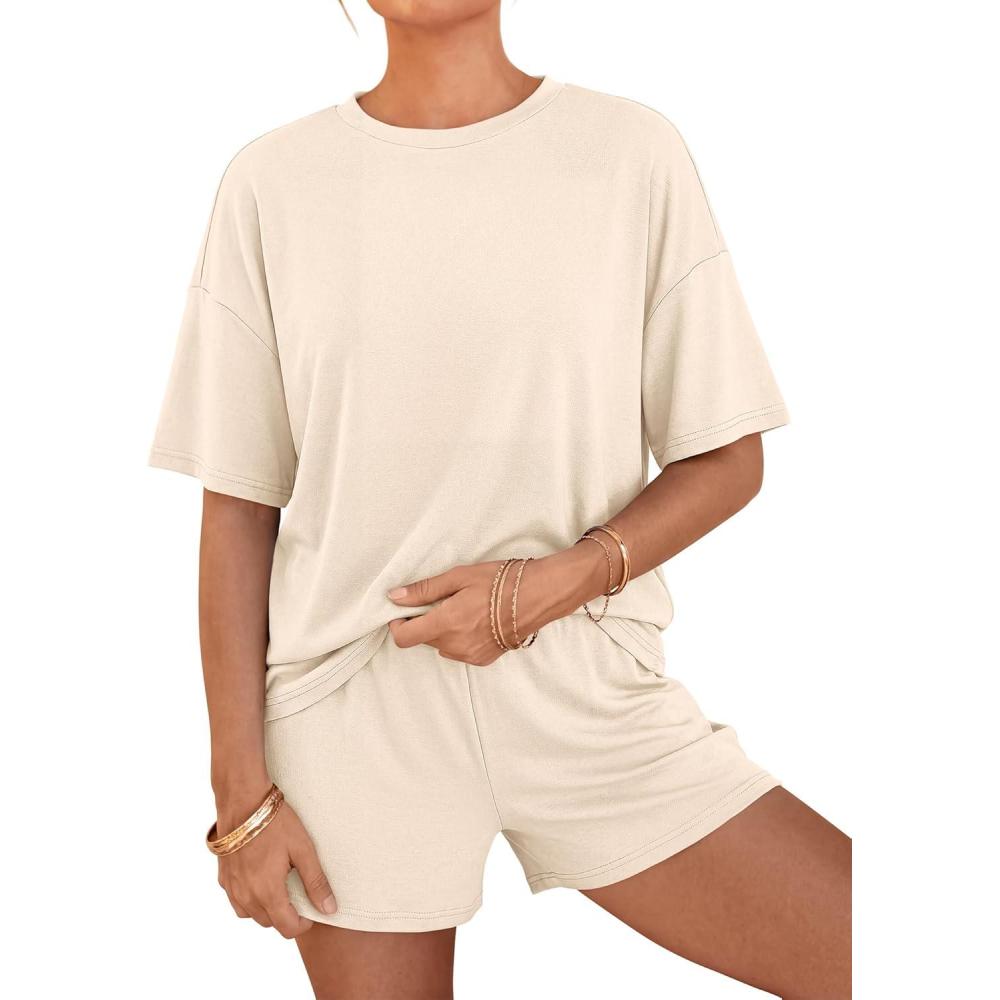 imageBTFBM Two Piece Sets For Women Summer Outfits Short Sleeve Tops Lounge Shorts Sets Oversized Matching Sets Pockets 2026Beige