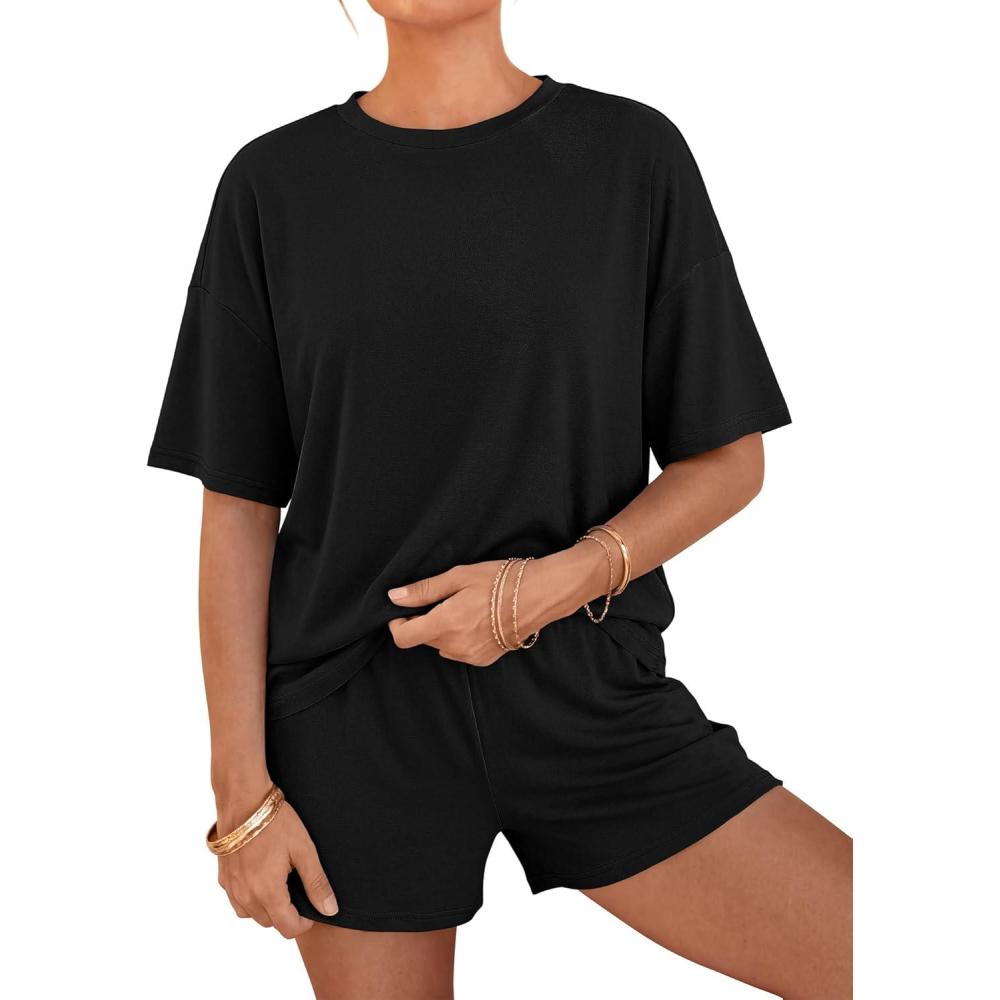 imageBTFBM Two Piece Sets For Women Summer Outfits Short Sleeve Tops Lounge Shorts Sets Oversized Matching Sets Pockets 2026Black