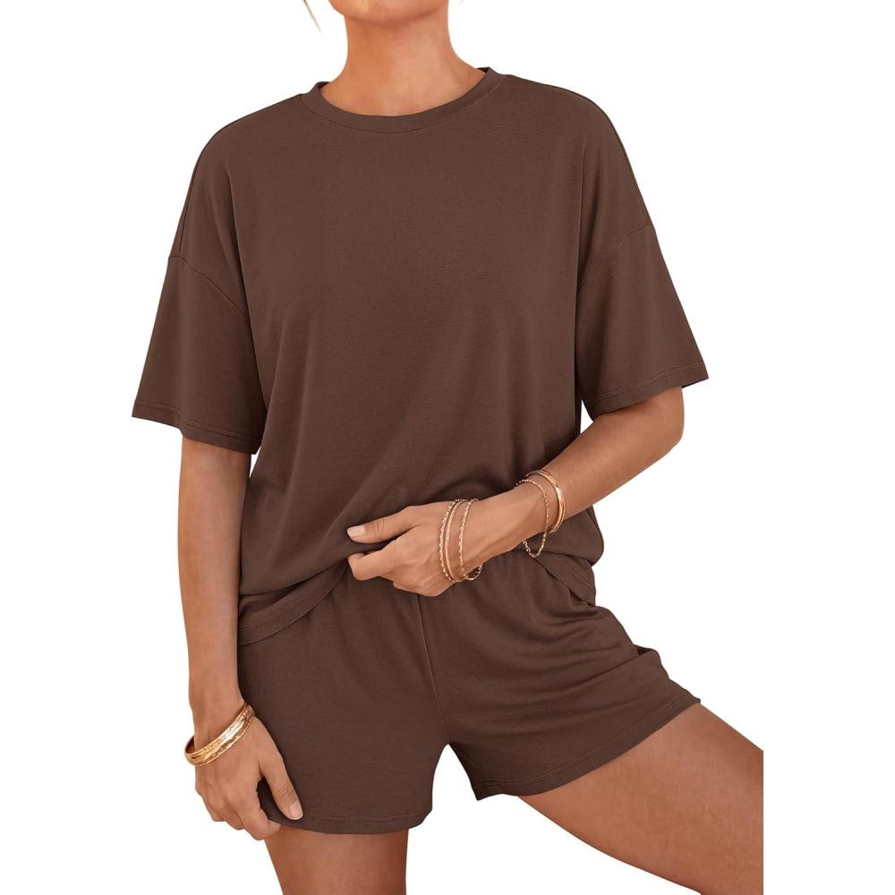 imageBTFBM Two Piece Sets For Women Summer Outfits Short Sleeve Tops Lounge Shorts Sets Oversized Matching Sets Pockets 2026Brown