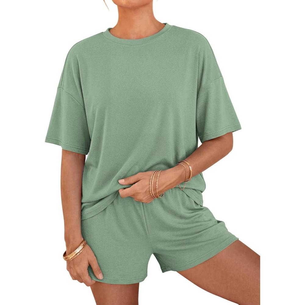 imageBTFBM Two Piece Sets For Women Summer Outfits Short Sleeve Tops Lounge Shorts Sets Oversized Matching Sets Pockets 2026Grey Green