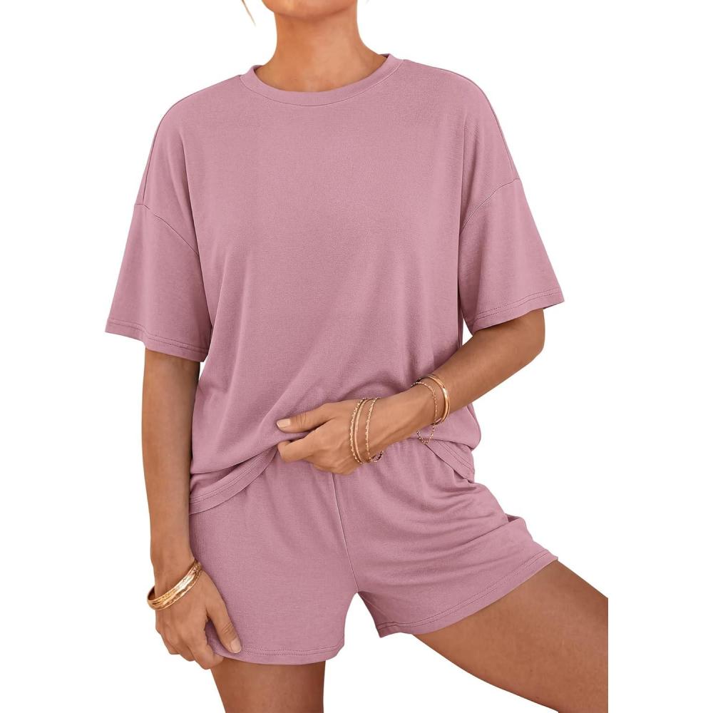 imageBTFBM Two Piece Sets For Women Summer Outfits Short Sleeve Tops Lounge Shorts Sets Oversized Matching Sets Pockets 2026Pink