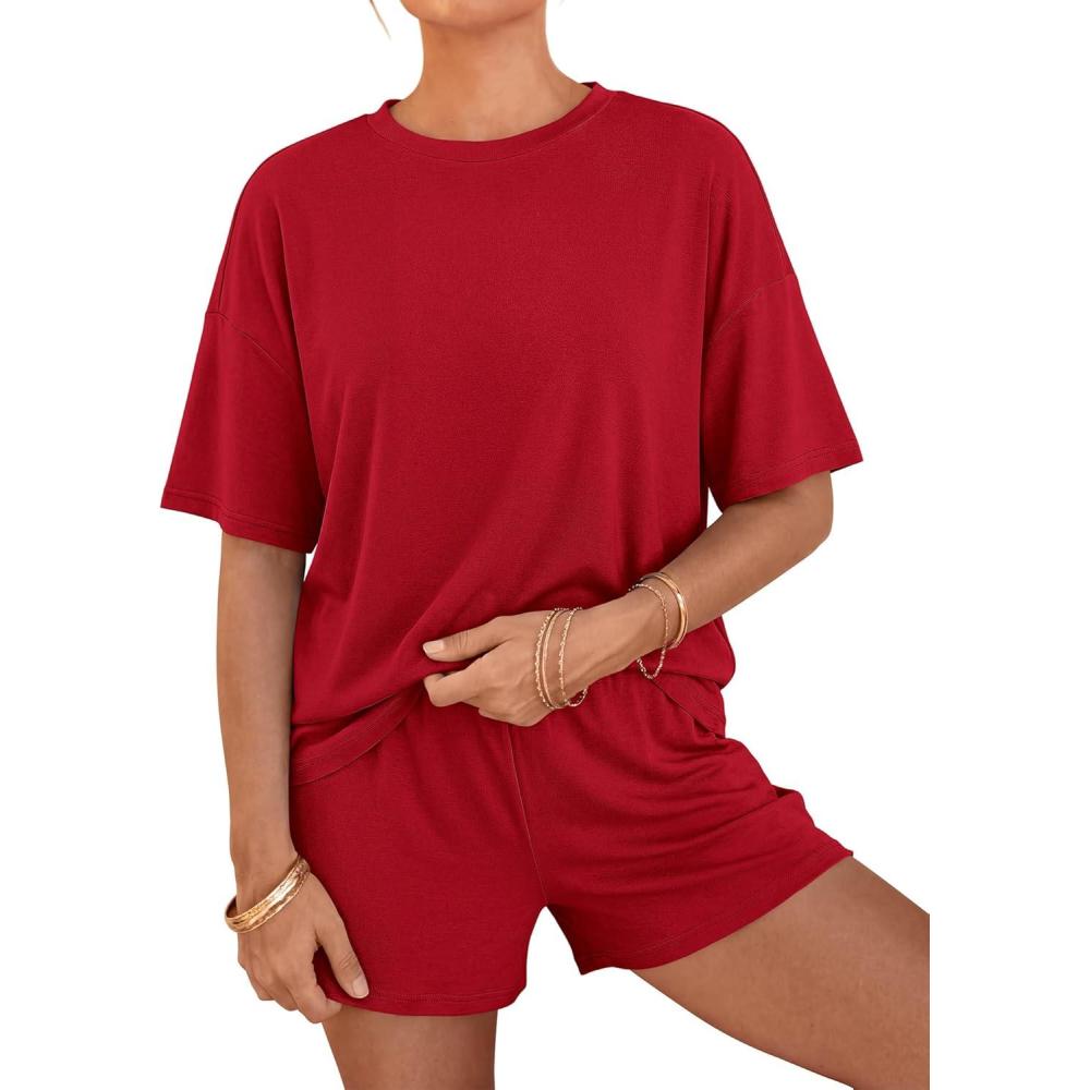 imageBTFBM Two Piece Sets For Women Summer Outfits Short Sleeve Tops Lounge Shorts Sets Oversized Matching Sets Pockets 2026Red