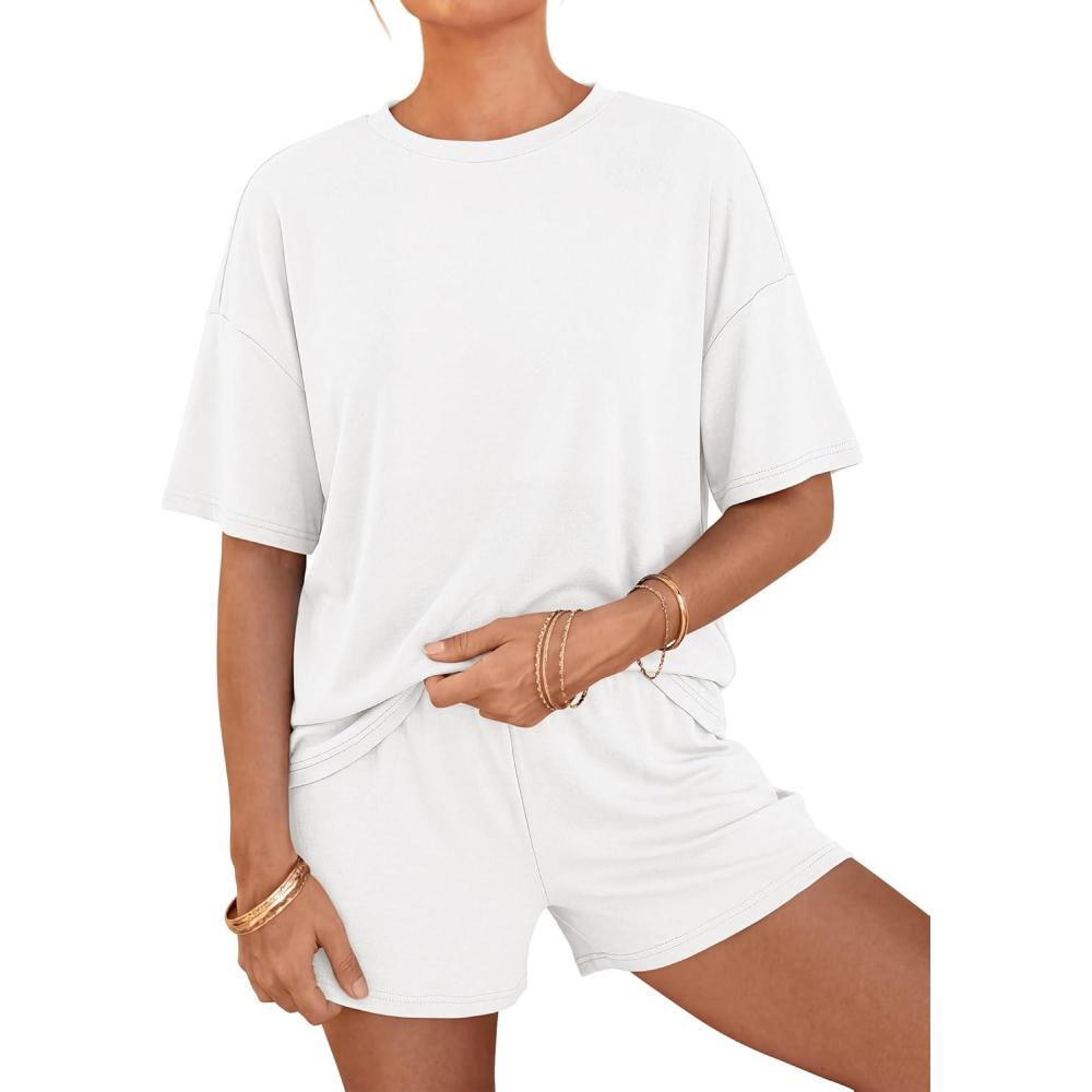 imageBTFBM Two Piece Sets For Women Summer Outfits Short Sleeve Tops Lounge Shorts Sets Oversized Matching Sets Pockets 2026White