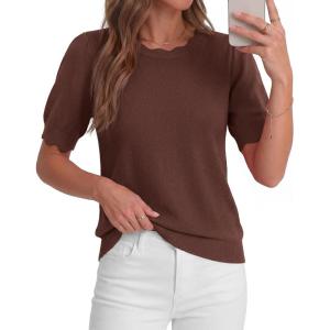 BTFBM Short Sleeve Sweater for Women 2026 Spring Summer Knit Basic Tops Lightweight Business Casual Vacation Outfits(Brown)
