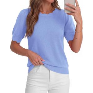 BTFBM Short Sleeve Sweater for Women 2026 Spring Summer Knit Basic Tops Lightweight Business Casual Vacation Outfits(Light Blue)