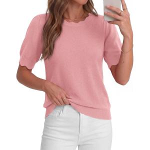 BTFBM Short Sleeve Sweater for Women 2026 Spring Summer Knit Basic Tops Lightweight Business Casual Vacation Outfits(Pink)