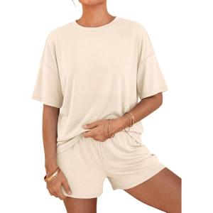 BTFBM Two Piece Sets For Women Summer Outfits Short Sleeve Tops Lounge Shorts Sets Oversized Matching Sets Pockets 2026(Beige)