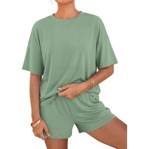 BTFBM Two Piece Sets For Women Summer Outfits Short Sleeve Tops Lounge Shorts Sets Oversized Matching Sets Pockets 2026(Grey Green)