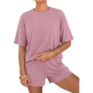 BTFBM Two Piece Sets For Women Summer Outfits Short Sleeve Tops Lounge Shorts Sets Oversized Matching Sets Pockets 2026(Pink)