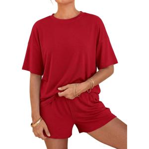 BTFBM Two Piece Sets For Women Summer Outfits Short Sleeve Tops Lounge Shorts Sets Oversized Matching Sets Pockets 2026(Red)
