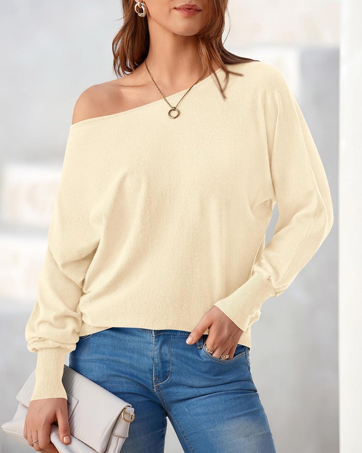 imageBTFBM Off Shoulder Sweaters for Women Trendy 2025 Fall Long Sleeve Casual Basic Knit Winter Oversized Pullover SweaterBeige White