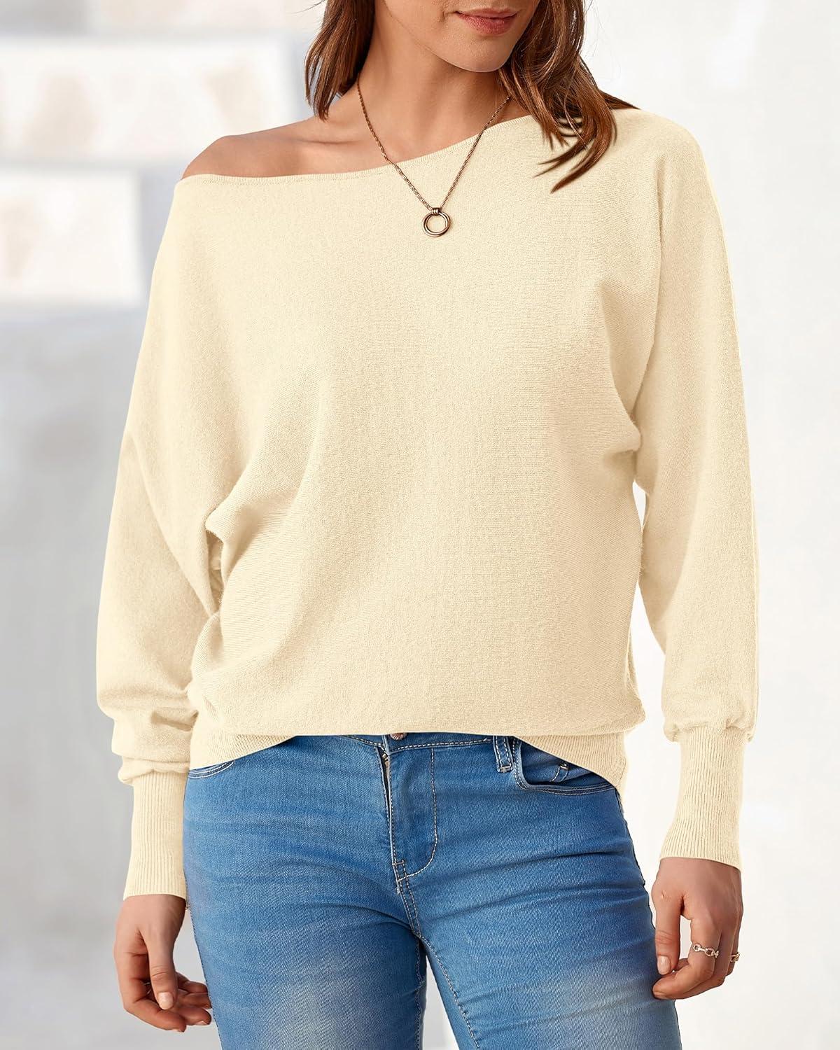 imageBTFBM Off Shoulder Sweaters for Women Trendy 2025 Fall Long Sleeve Casual Basic Knit Winter Oversized Pullover SweaterBeige White
