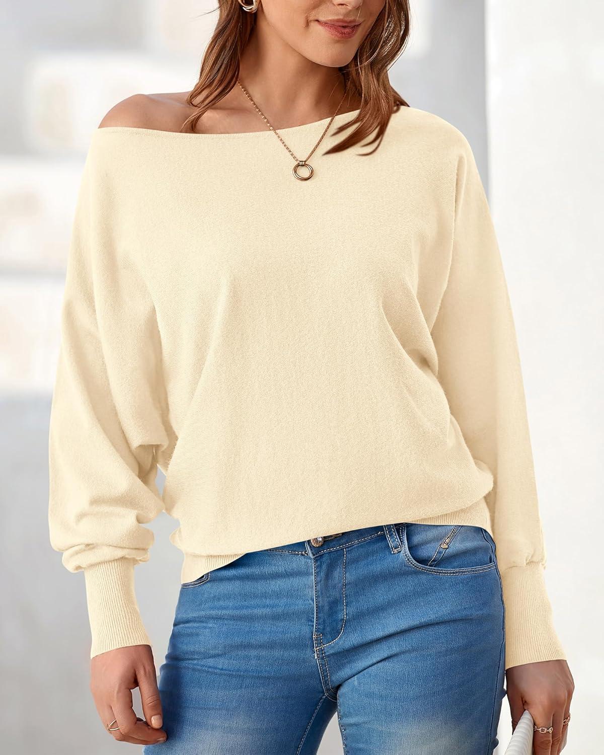 imageBTFBM Off Shoulder Sweaters for Women Trendy 2025 Fall Long Sleeve Casual Basic Knit Winter Oversized Pullover SweaterBeige White