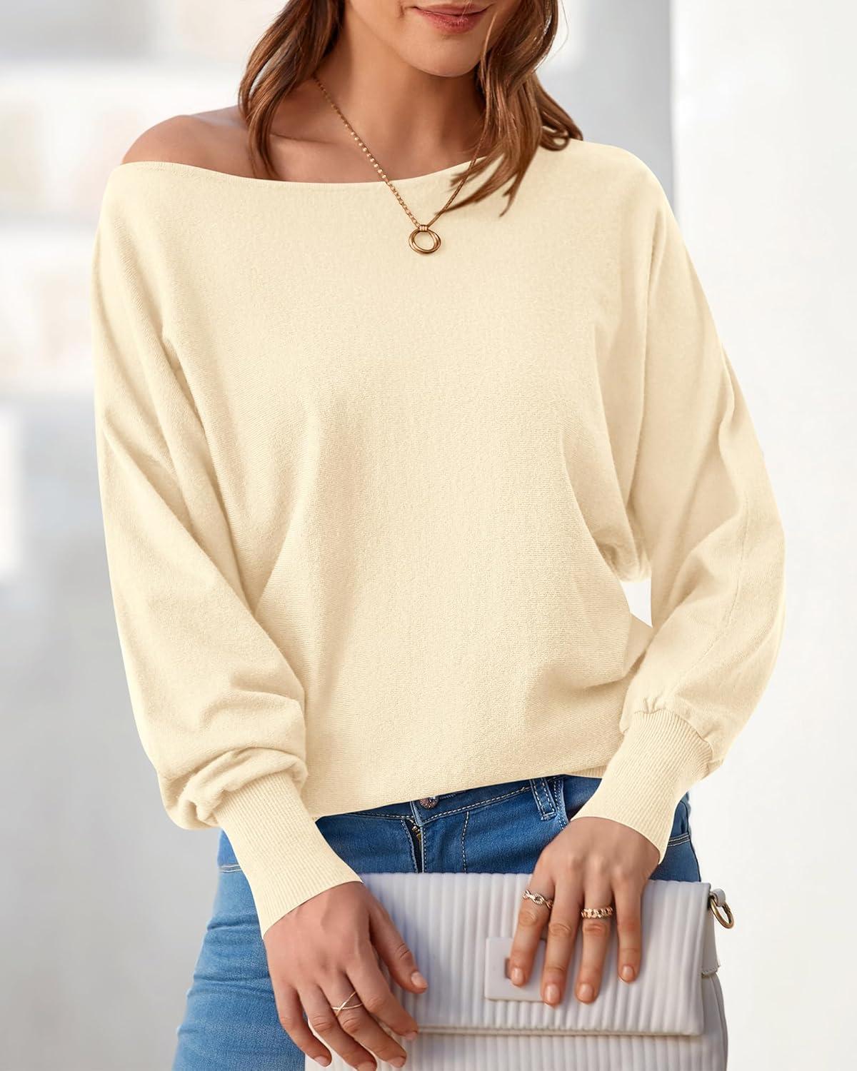 imageBTFBM Off Shoulder Sweaters for Women Trendy 2025 Fall Long Sleeve Casual Basic Knit Winter Oversized Pullover SweaterBeige White