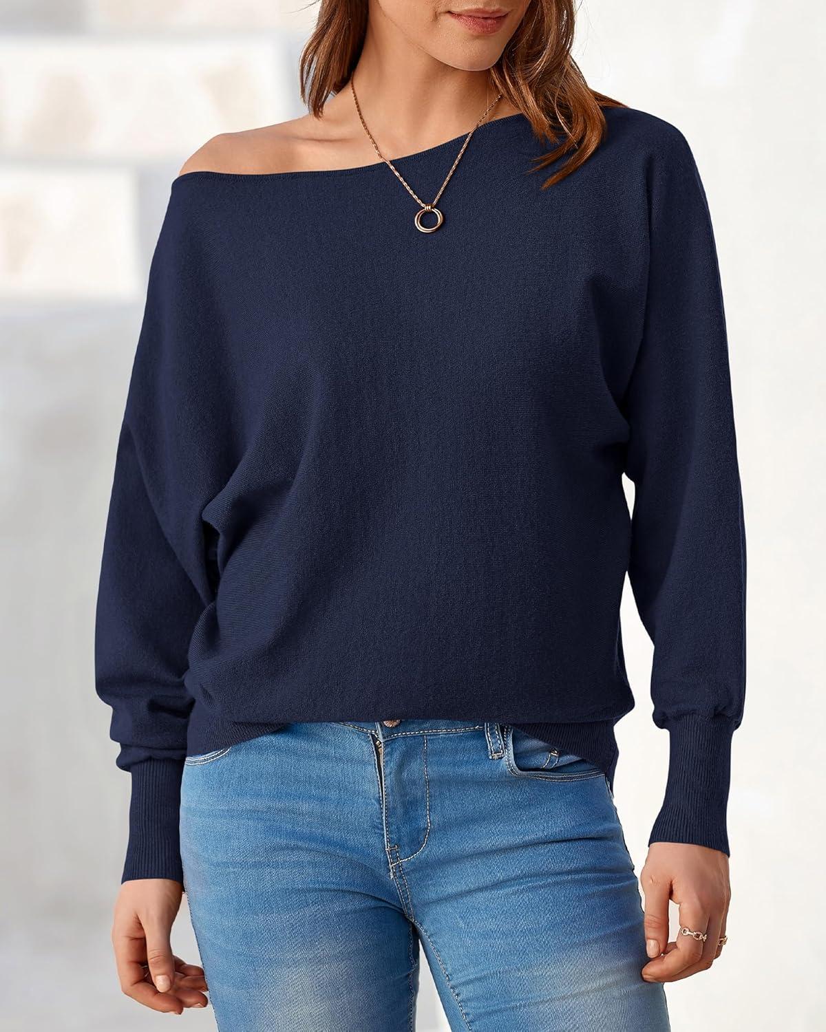 imageBTFBM Off Shoulder Sweaters for Women Trendy 2025 Fall Long Sleeve Casual Basic Knit Winter Oversized Pullover SweaterNavy
