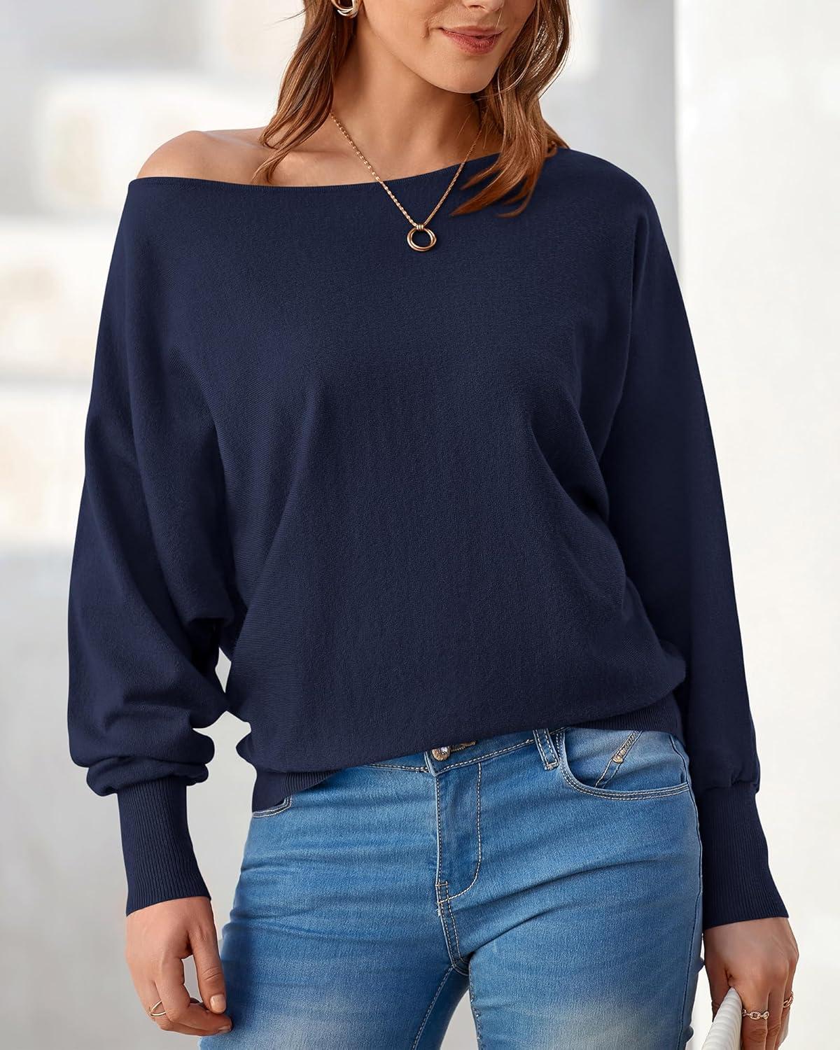 imageBTFBM Off Shoulder Sweaters for Women Trendy 2025 Fall Long Sleeve Casual Basic Knit Winter Oversized Pullover SweaterNavy