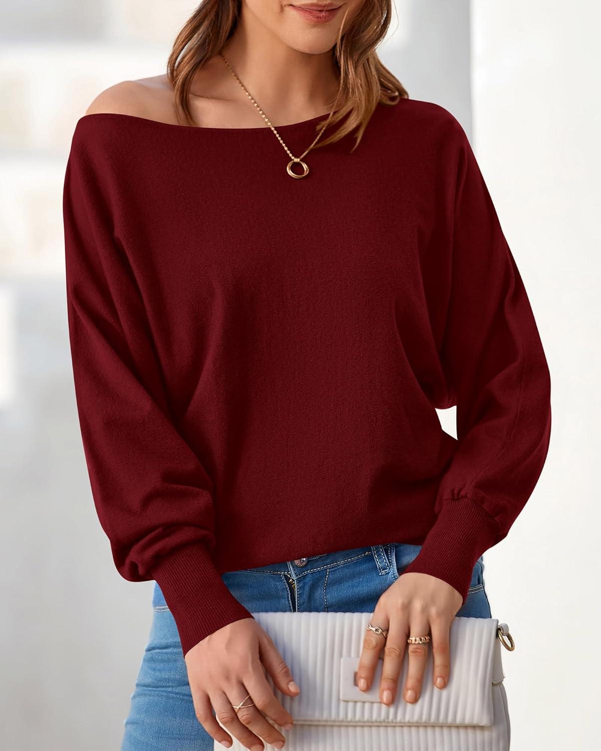 imageBTFBM Off Shoulder Sweaters for Women Trendy 2025 Fall Long Sleeve Casual Basic Knit Winter Oversized Pullover SweaterWine Red