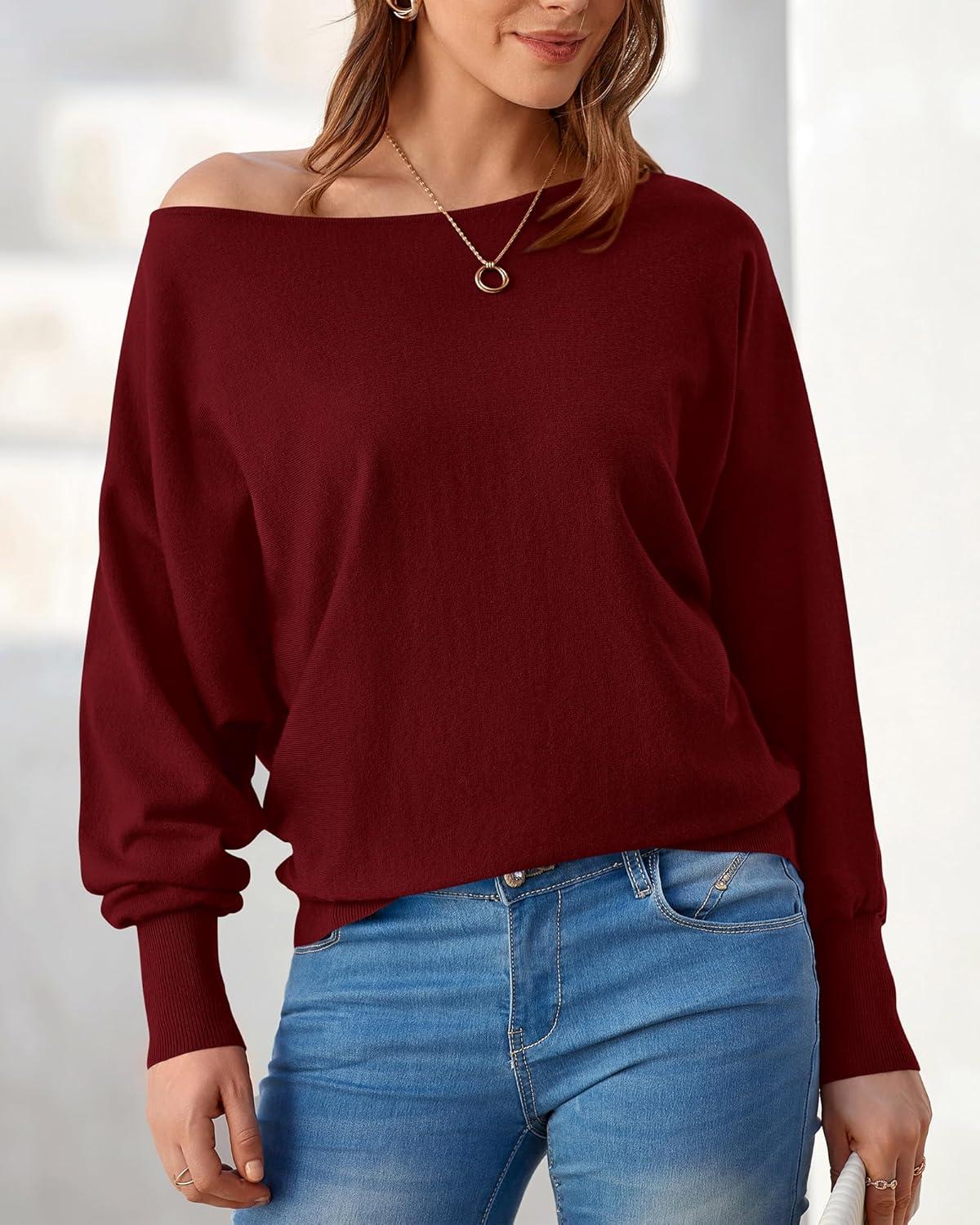imageBTFBM Off Shoulder Sweaters for Women Trendy 2025 Fall Long Sleeve Casual Basic Knit Winter Oversized Pullover SweaterWine Red