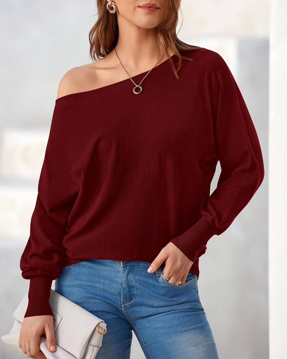 imageBTFBM Off Shoulder Sweaters for Women Trendy 2025 Fall Long Sleeve Casual Basic Knit Winter Oversized Pullover SweaterWine Red