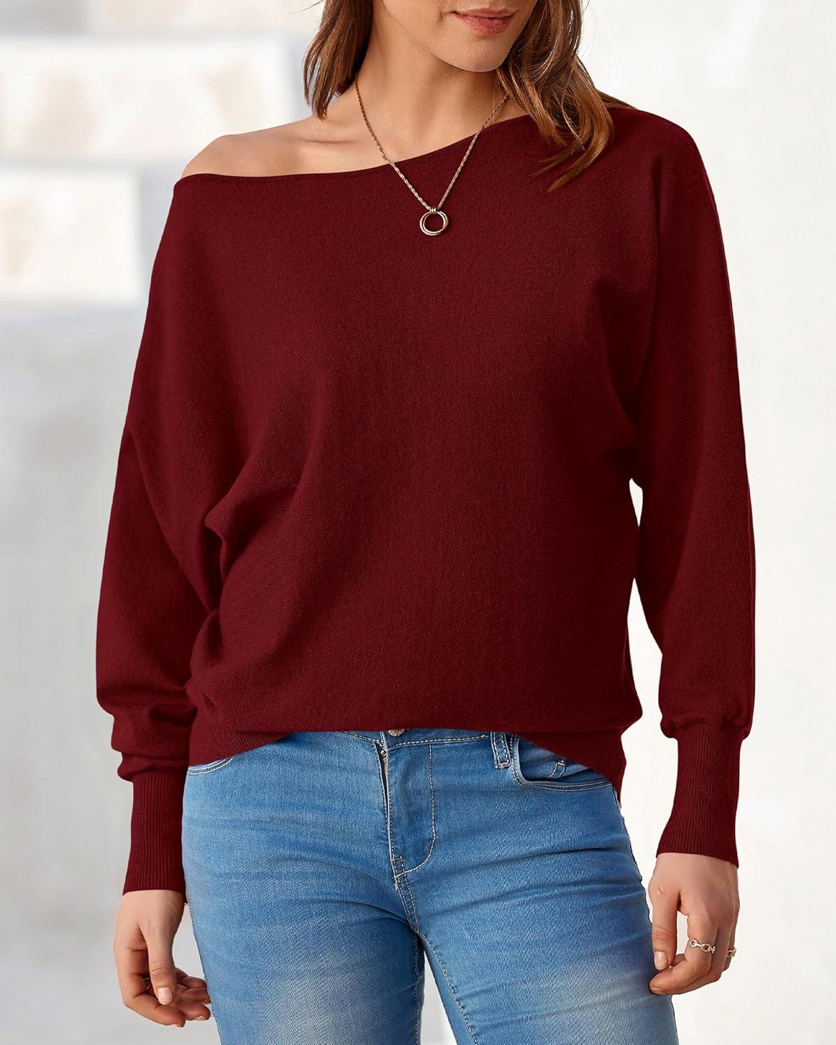 imageBTFBM Off Shoulder Sweaters for Women Trendy 2025 Fall Long Sleeve Casual Basic Knit Winter Oversized Pullover SweaterWine Red