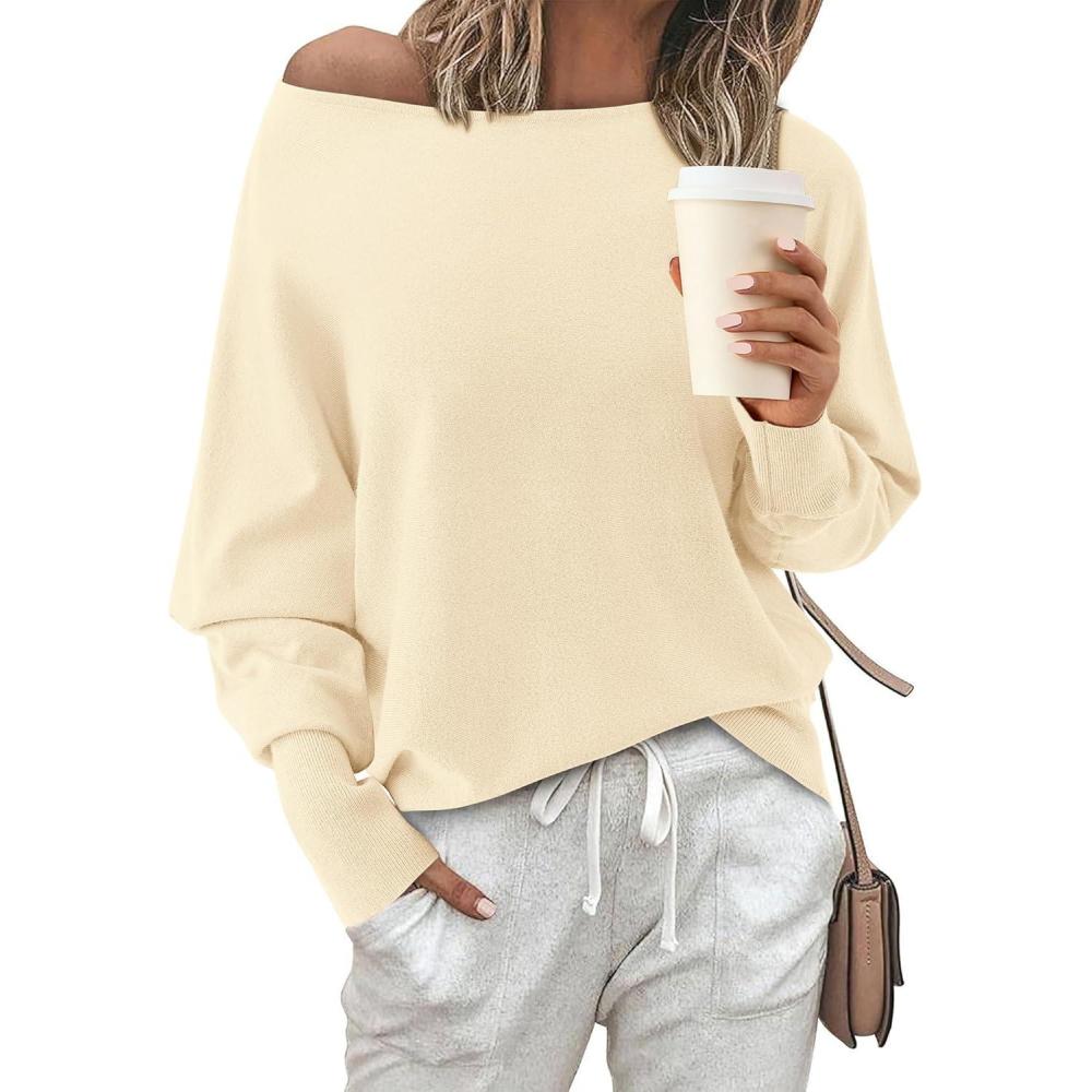 imageBTFBM Off Shoulder Sweaters for Women Trendy 2025 Fall Long Sleeve Casual Basic Knit Winter Oversized Pullover SweaterBeige White