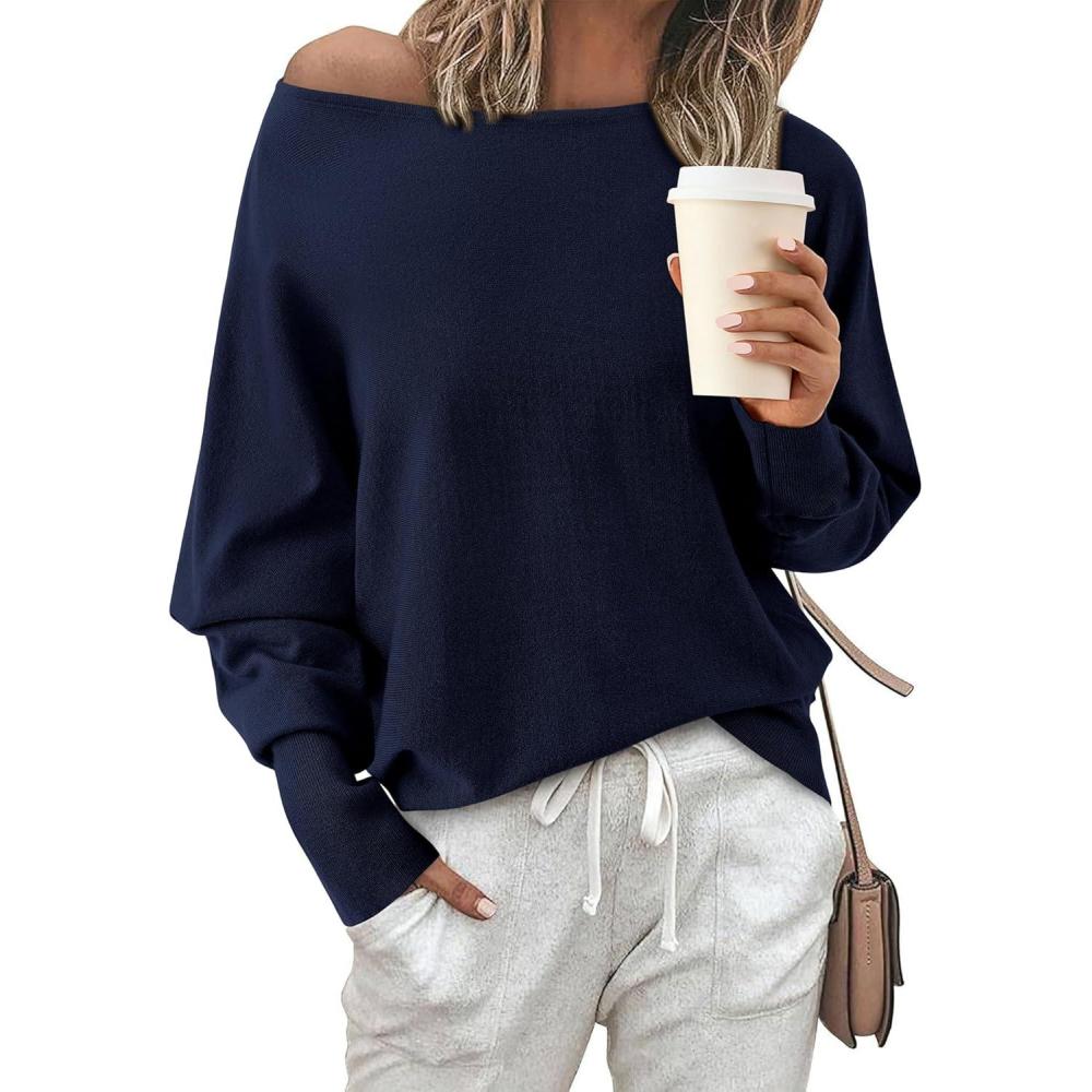 imageBTFBM Off Shoulder Sweaters for Women Trendy 2025 Fall Long Sleeve Casual Basic Knit Winter Oversized Pullover SweaterNavy