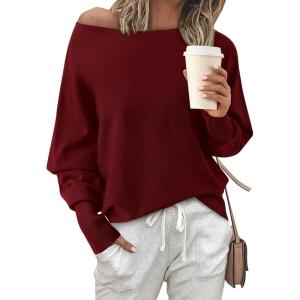 BTFBM Off Shoulder Sweaters for Women Trendy 2025 Fall Long Sleeve Casual Basic Knit Winter Oversized Pullover Sweater(Wine Red)
