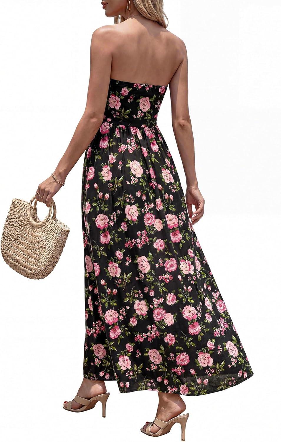 imageBTFBM Summer Maxi Dresses for Women 2026 Strapless Tube Top Floral Spring Wedding Guest Dress Beach Vacation OutfitsBlack Pink Flower