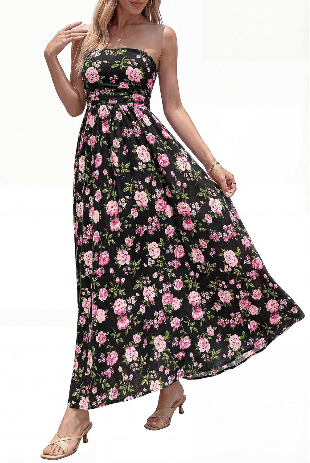 imageBTFBM Summer Maxi Dresses for Women 2026 Strapless Tube Top Floral Spring Wedding Guest Dress Beach Vacation OutfitsBlack Pink Flower