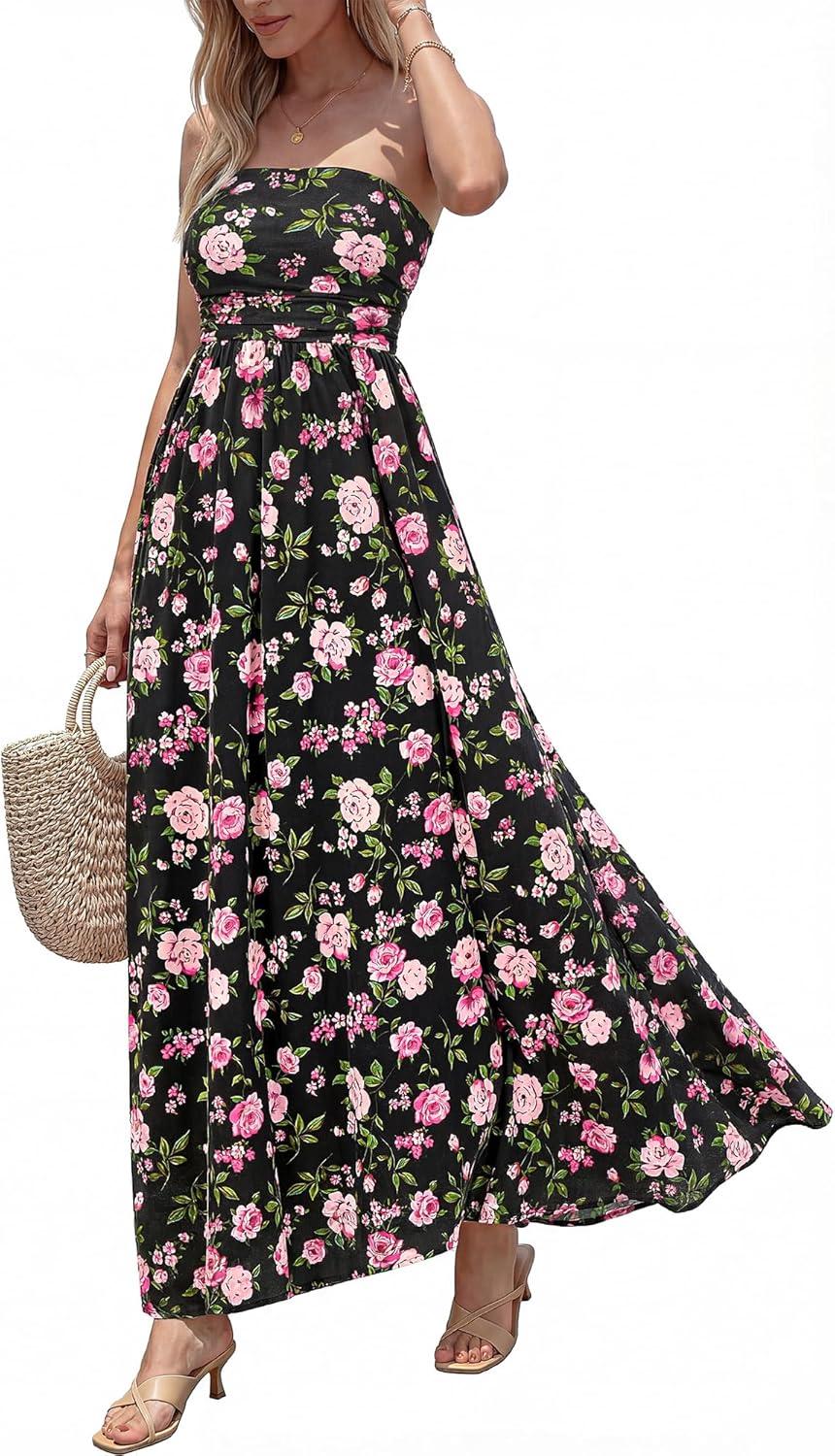 imageBTFBM Summer Maxi Dresses for Women 2026 Strapless Tube Top Floral Spring Wedding Guest Dress Beach Vacation OutfitsBlack Pink Flower