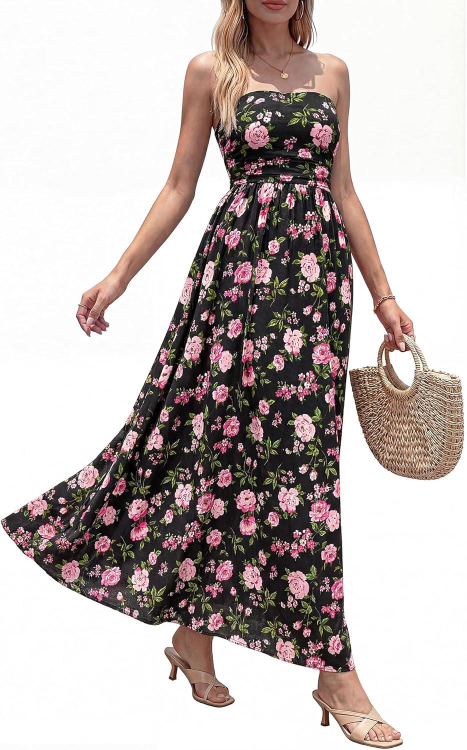 imageBTFBM Summer Maxi Dresses for Women 2026 Strapless Tube Top Floral Spring Wedding Guest Dress Beach Vacation OutfitsBlack Pink Flower