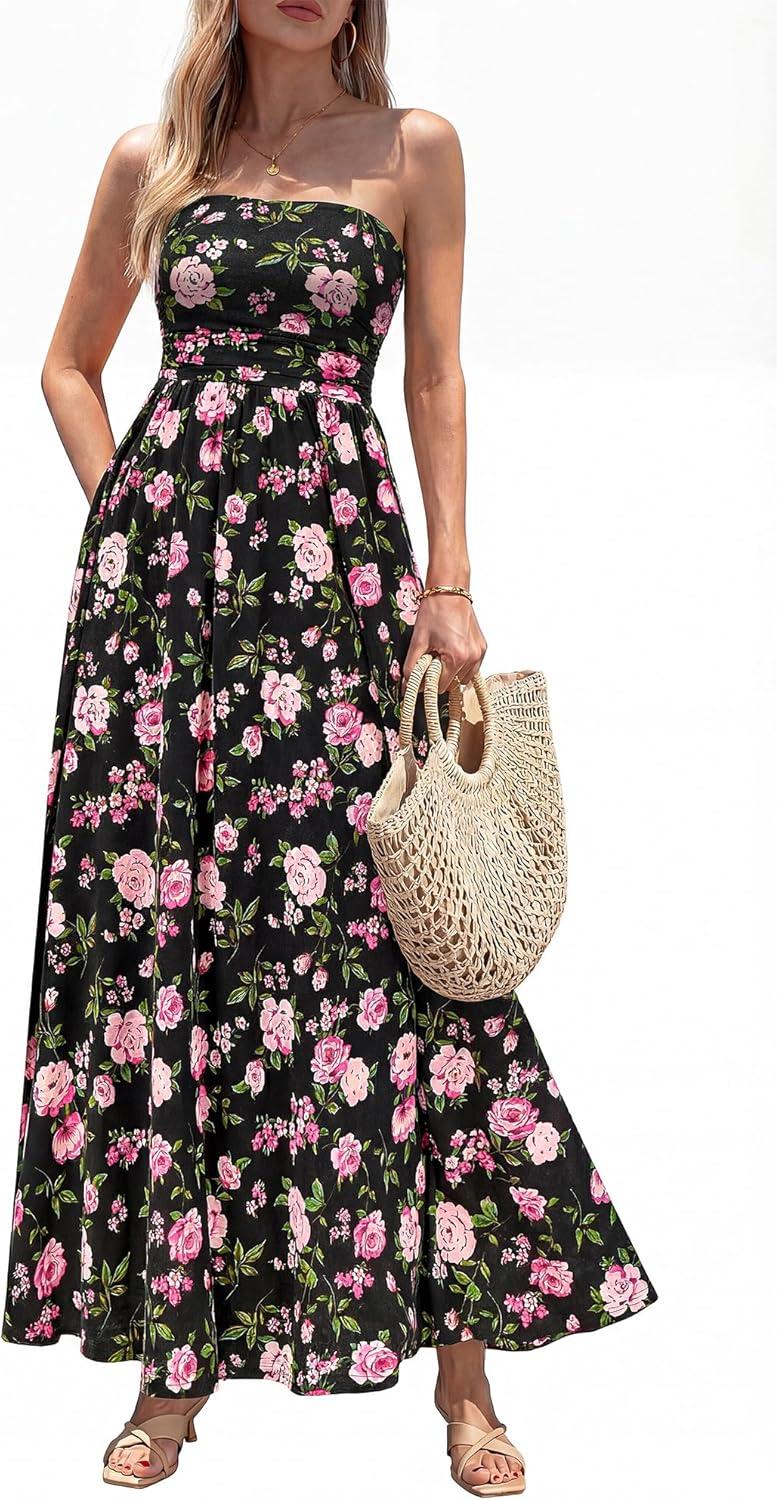 imageBTFBM Summer Maxi Dresses for Women 2026 Strapless Tube Top Floral Spring Wedding Guest Dress Beach Vacation OutfitsBlack Pink Flower